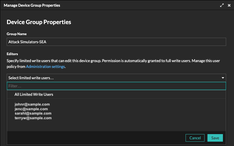 Editing user privileges in device group properties