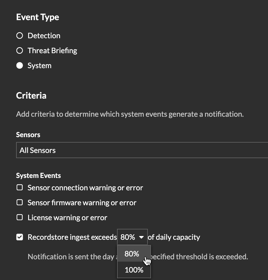 Changing system notification setting for recordstore ingests exceeding 80%